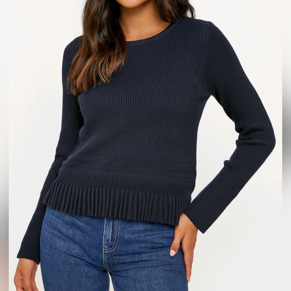 Etcetera Sweater Black Ribbed Flirty Ruffle Hem Long Sleeve Size M